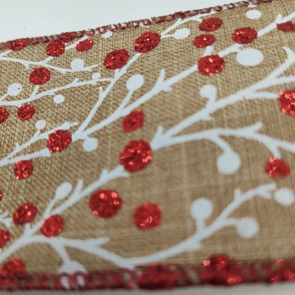 RENAISSANCE 2000 Wired Burlap Ribbon 2.5” Red Glitter Berry Two (2) Yards - Picture 3 of 6